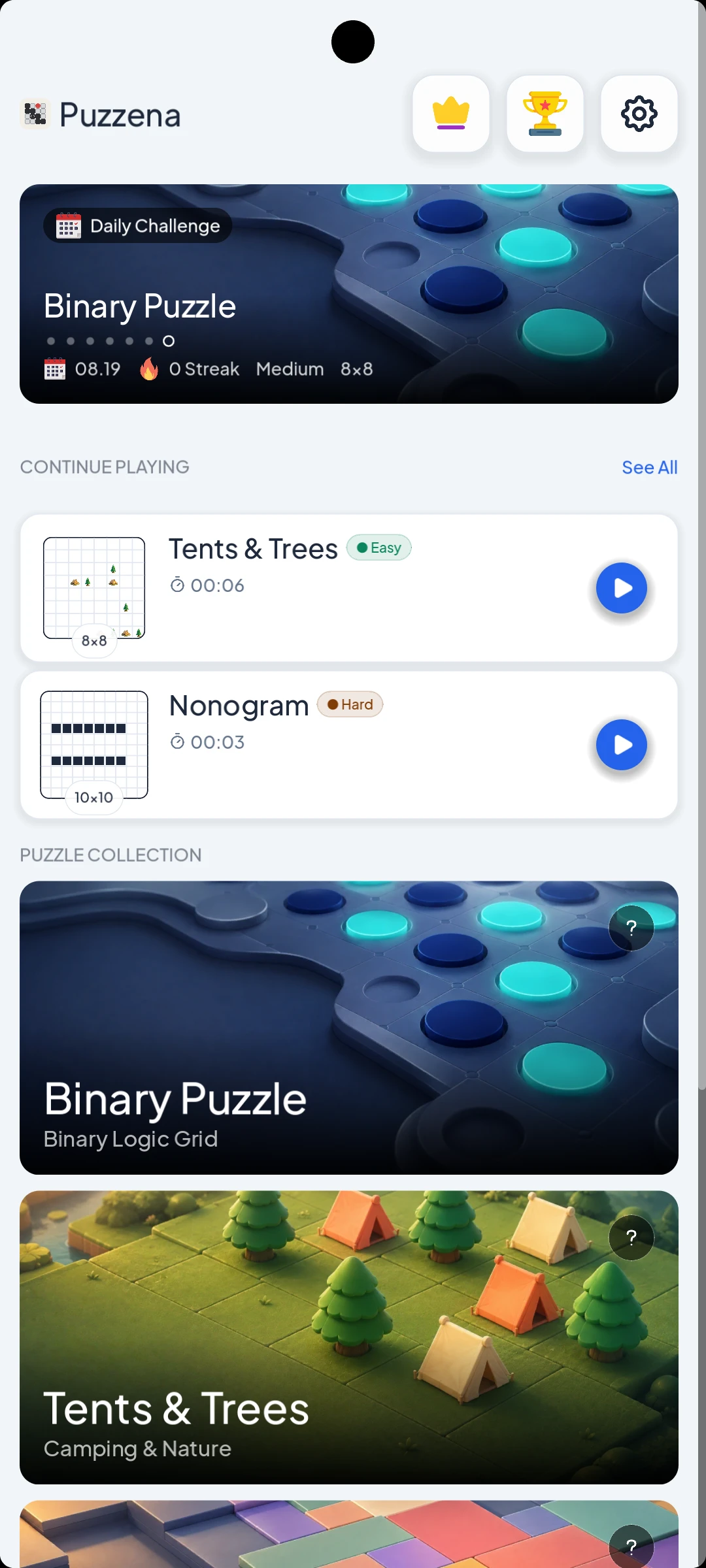 Puzzena home screen with Daily Challenge and puzzle modes