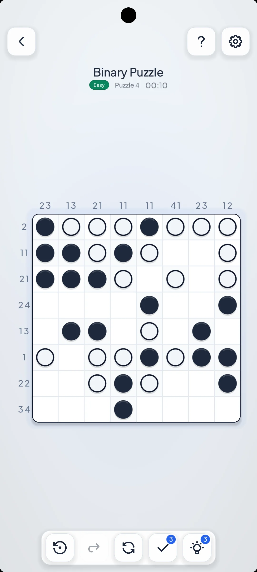 Puzzena screenshot: Binary Puzzle logic grid deduction