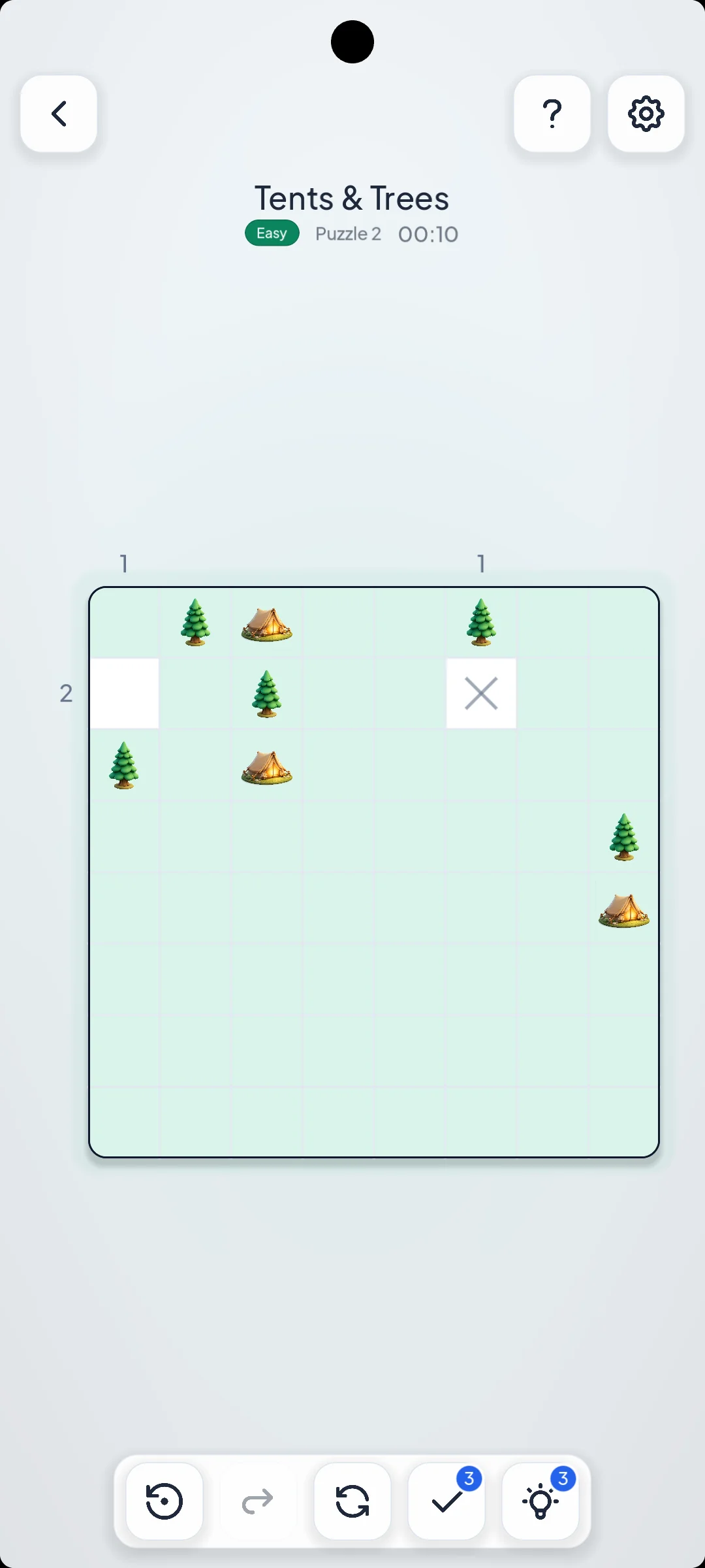 Puzzena screenshot: Tents & Trees campsite spatial reasoning